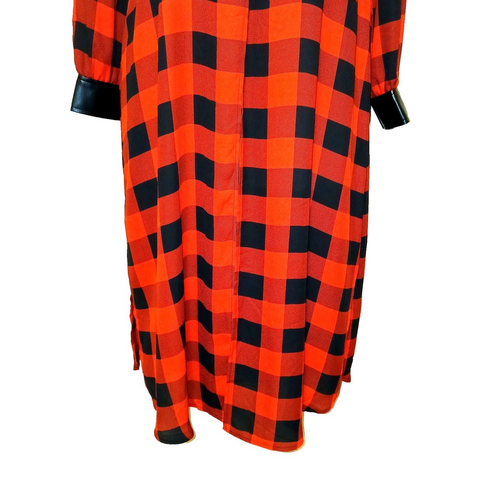 NY&C Women Longline Duster Top XXL Red Buffalo Plaid Checker Faux Leather Trim - Picture 4 of 10